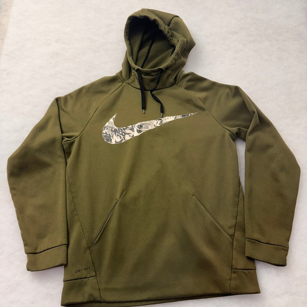 Nike Dri-FIT Men Olive Green Graphic Swoosh Hoodie Sweatshirt Fleece Pullover‎